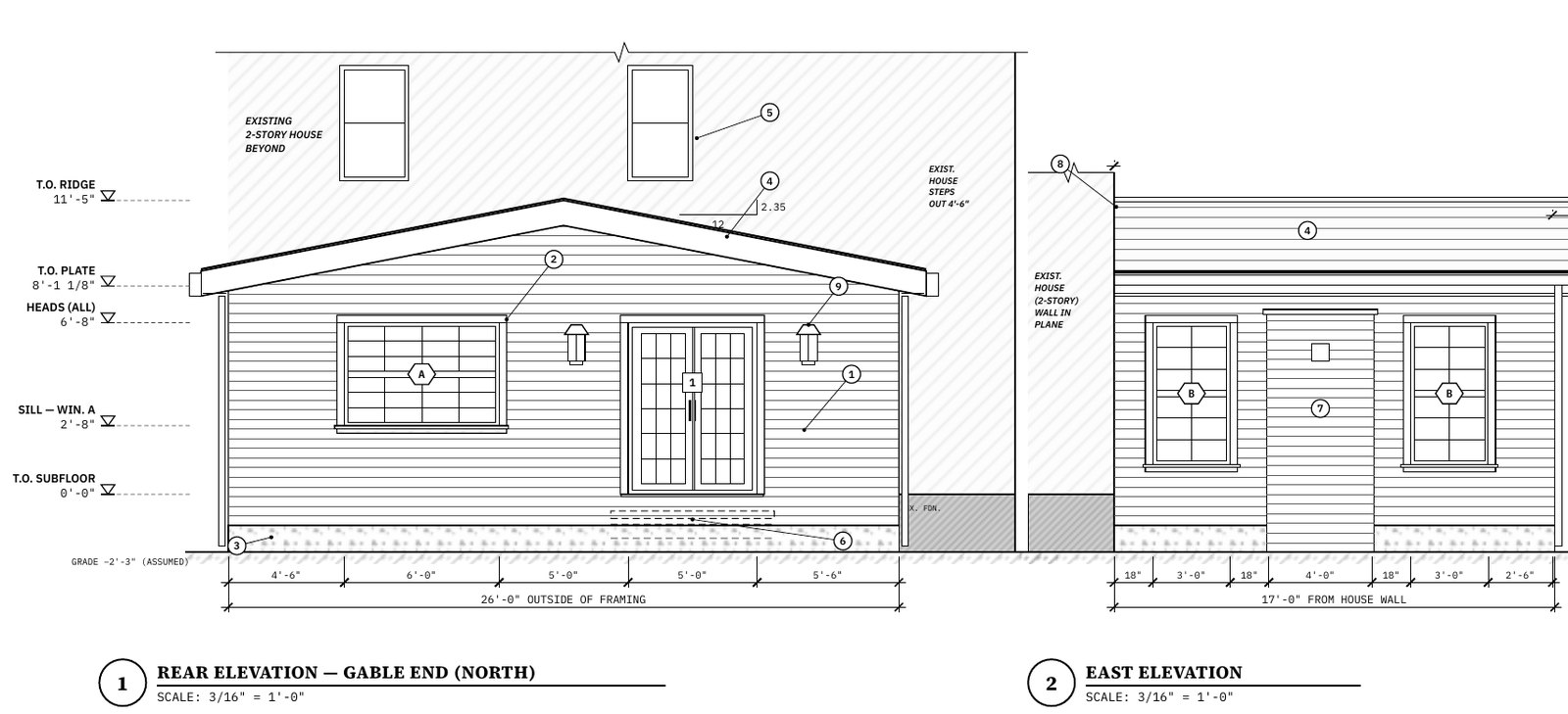 Exterior elevations of a rear addition with a gable roof, windows, doors and dimension strings