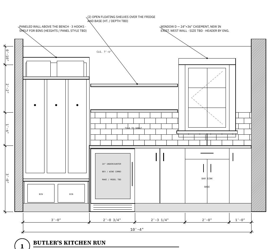 Cabinet elevation of a butler's kitchen run with tall cabinets, tile backsplash, shelves and a window