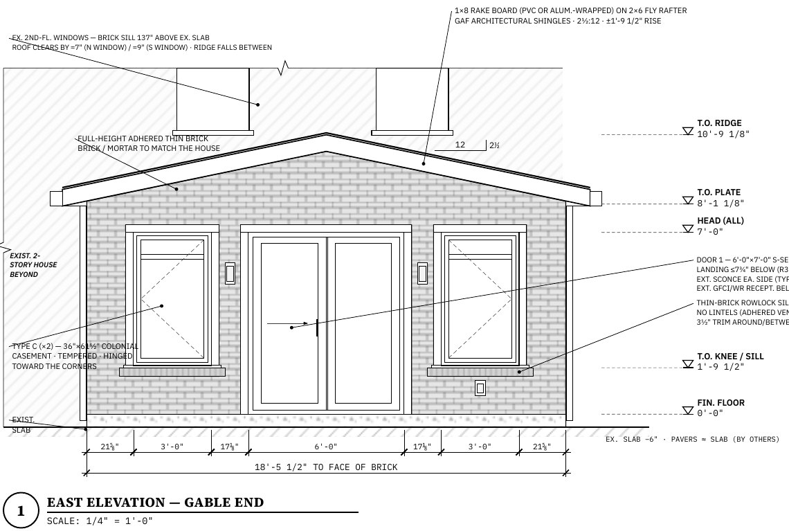 Permit drawing of a sunroom addition's gable-end elevation with dimensions, levels and notes