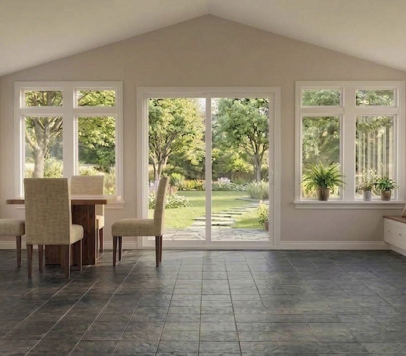 3D rendering of the same sunroom wall from inside, with a slider door between two windows